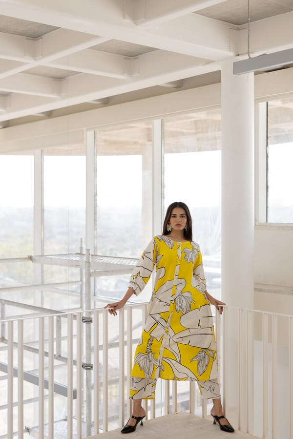 Yellow Banana Leaf Print Button-Down A-Line Kurta Set — Silai studio