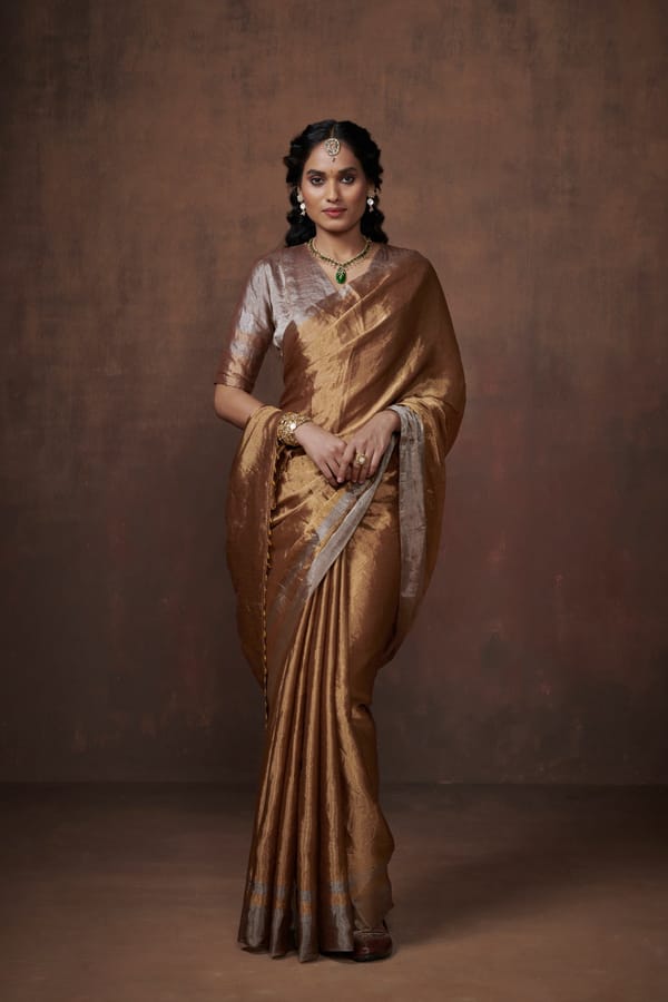 Gold Tissue Saree with Silver Border — Dressfolk