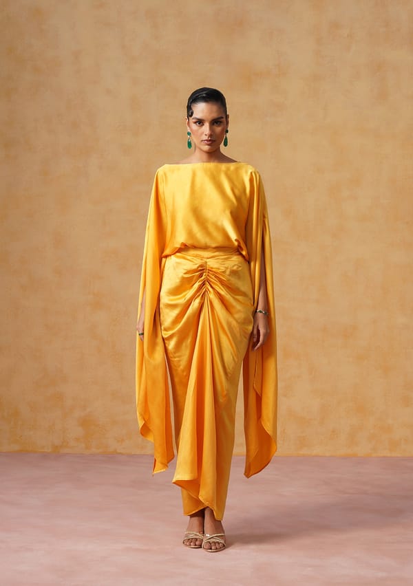 Amber Satin Cape Sleeve Top and Draped Maxi Skirt Co-ord — AMOSHI