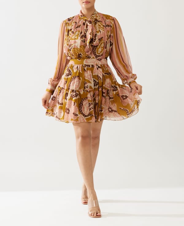 Mustard And Pink Floral Short Skirt — KoAi