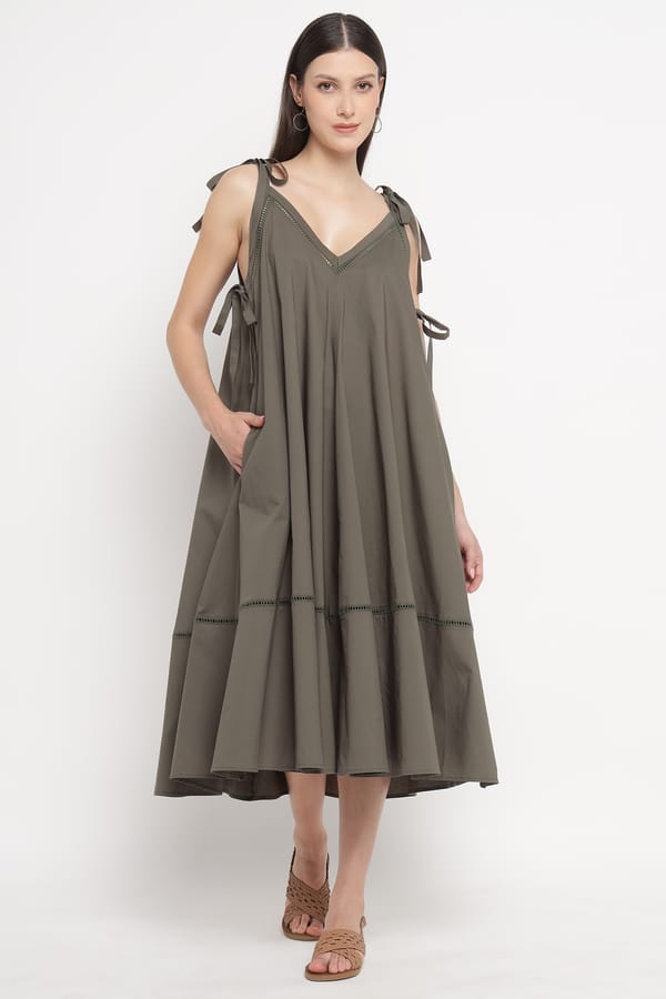 Olive Green Tie-Strap A-Line Midi Dress — SILVIAN HEACH