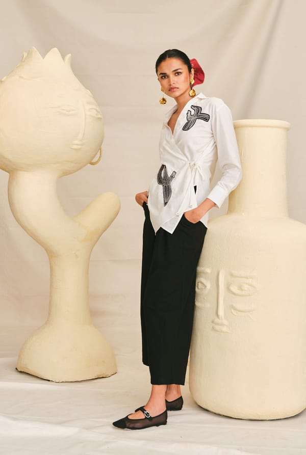 Off-White Cotton Poplin Wrap Shirt with Black Applique — JODI