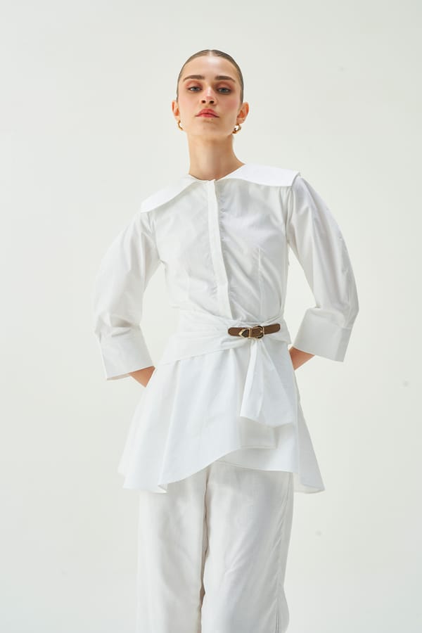 Off-White Belted Cotton Poplin Shirt with Statement Collar — NOTEBOOK