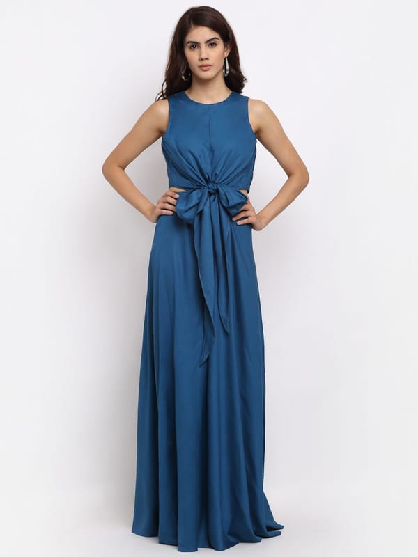 Teal Tencel Cut-Out Wide-Leg Jumpsuit with Tie-Up Neck — EWOKE STUDIO