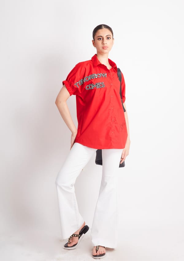 Red Comfort Fit Cotton Shirt with Embroidery — Richa Goenka