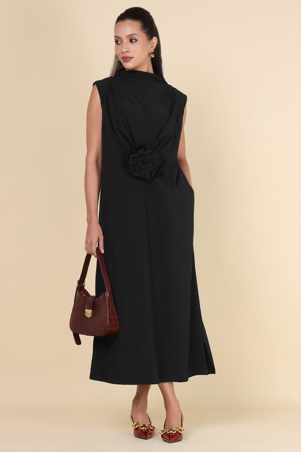 Black High Neck Sleeveless Midi Dress with Waist Rosette — ACRE