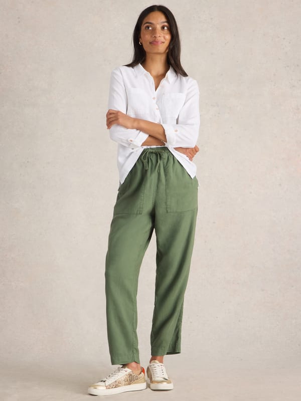 Mid Green Linen-Blend Drawstring Tapered Ankle Trousers — White Stuff