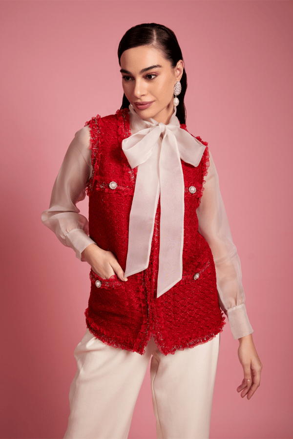 Red Sleeveless Tweed Jacket with Fringe Trim — AVERIE