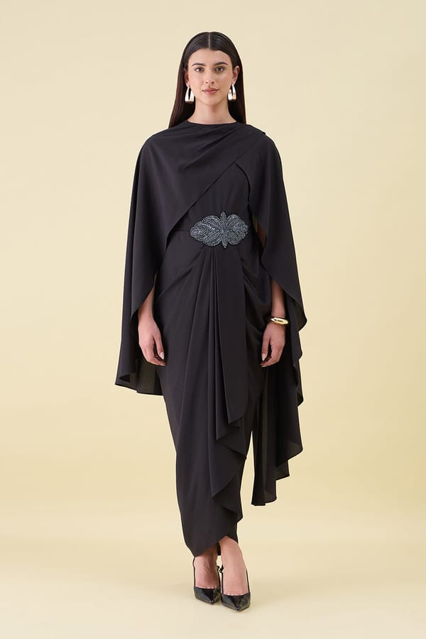 Noir Embellished Dress With Cape — Aakaar