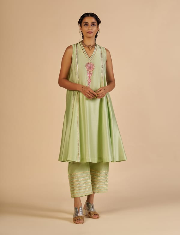 Pista Green Flared Silk Chanderi Gota Detail Kurta — Gulabo by Abu Sandeep