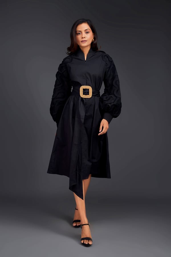Midi Dress With Pleated Detailing On Net Sleeves Comes With Belt — Deepika Arora