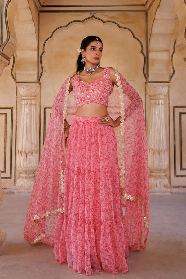 Pink Printed Chiffon Lehenga Set — Bannhi by Priyanka Rathore