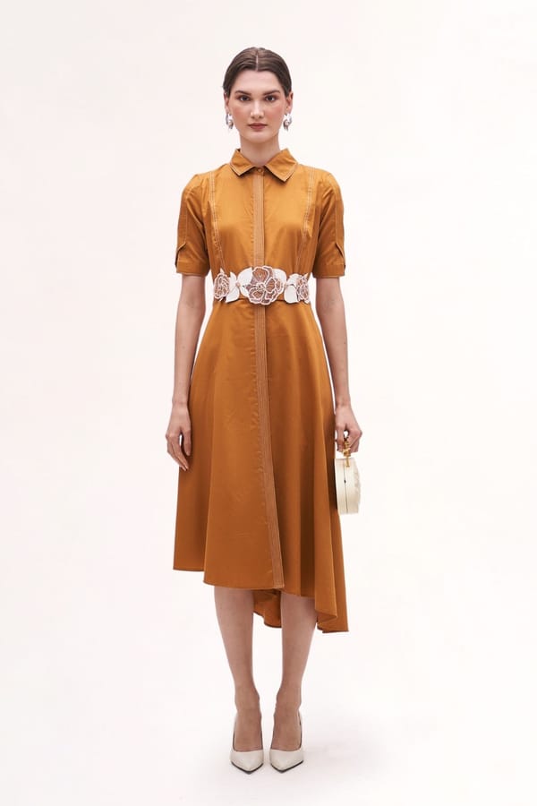 Copper Cotton Satin Midi Shirt Dress with Floral Belt — Our Love