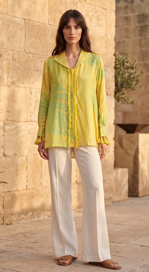 Yellow Muslin Tropical Print Shirt with Tassel Trim — Basanti Kapde aur Koffee