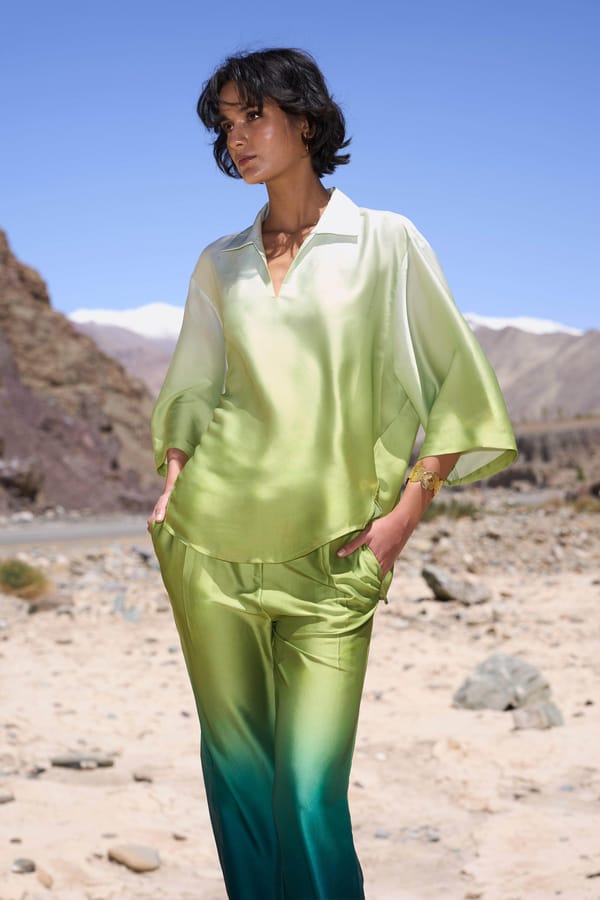Green Multi Ombre Satin Boxy Top with Back Cut-Out — Dash and Dot