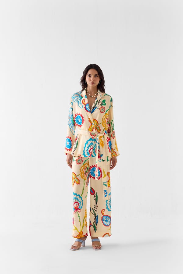 Cream Printed Blazer Shirt and Wide-Leg Trousers Co-ord Set — Studio Rigu