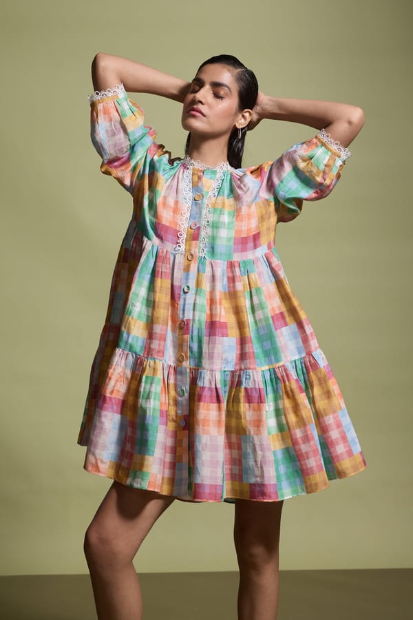 Multicolour Check Tiered Dress with Lace Trim — Dash and Dot