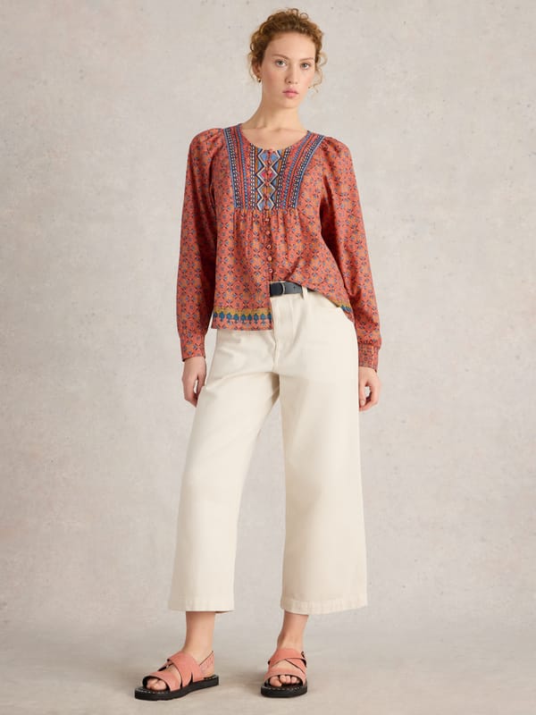 Pink Multi Printed Embroidered Notch-Neck Top — White Stuff