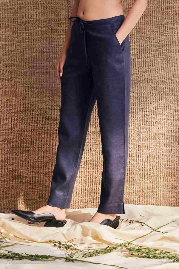Dark Blue Linen Drawstring Tapered Trousers — YELL