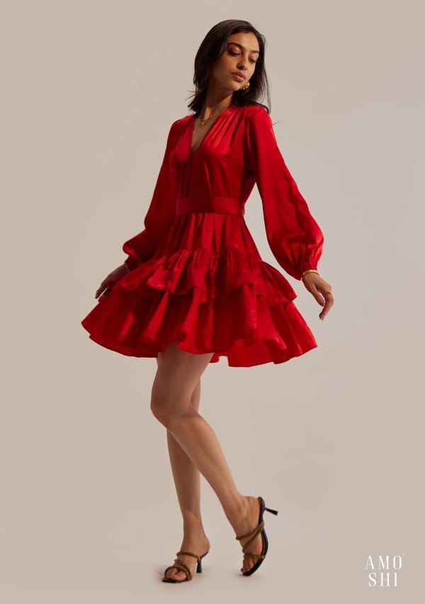 Red Satin V-Neck Tiered Mini Dress with Detachable Belt — AMOSHI