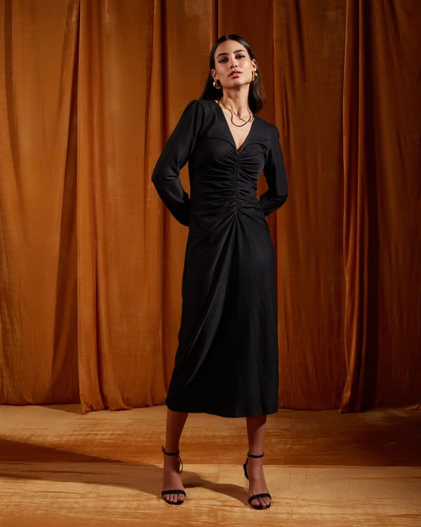 Black Ruched V-Neck Full Sleeve Midi Dress — Tara & I