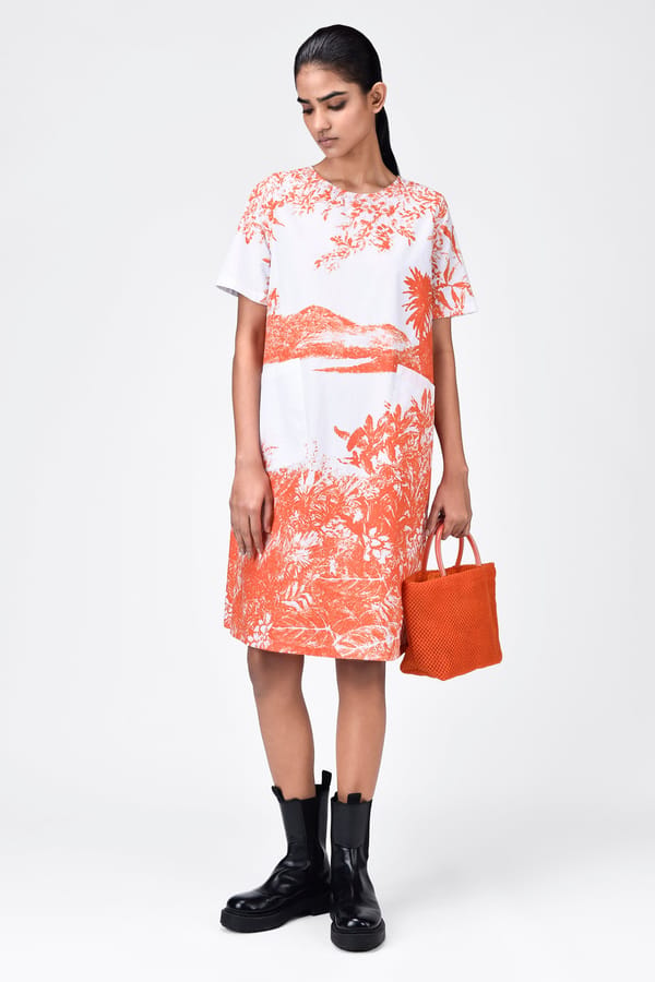 Coral Orange Landscape Print Cotton Poplin A-Line Dress — Genes Lecoanet Hemant