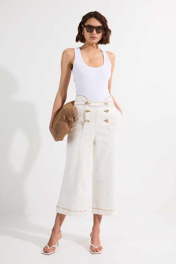 Ivory High-Rise Wide-Leg Sailor Button Trousers — KAREN MILLEN