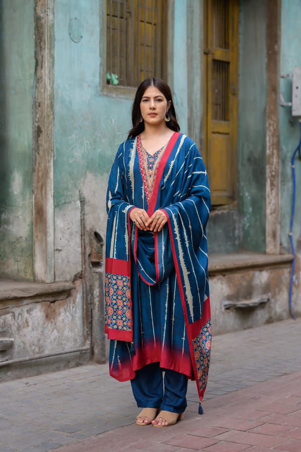 Blue and Red Stripes with Ajrakh Print Muslin Suit Set with Adda Gota Work-SET OF-3 — MAHEE JAIPUR