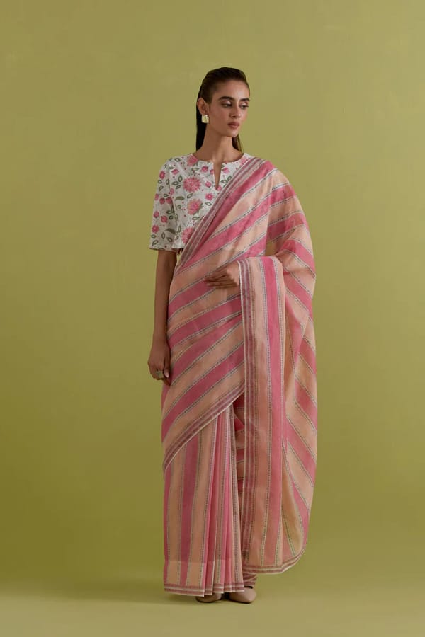 Peach Pink Cotton Chanderi Saree Highlighted — Upavita
