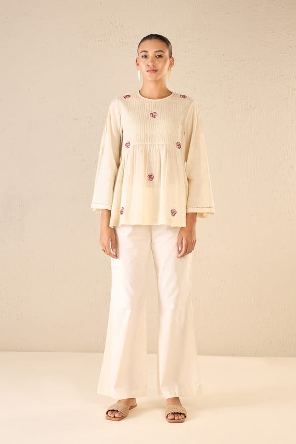 Whispering Roses: Ivory Handloom Cotton Pintuck Tunic — SHIVANI BHARGAVA