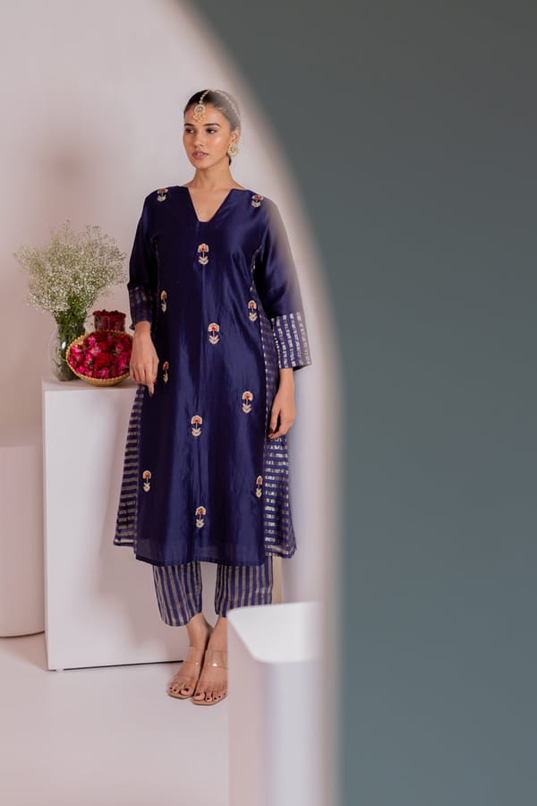 Indigo Blue Chanderi Embroidered A-Line Kurta — Silai studio