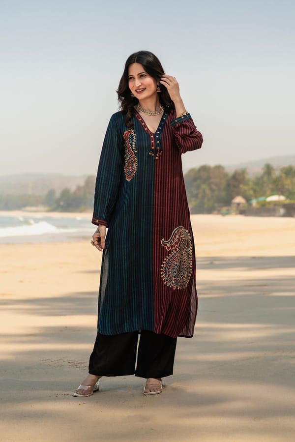 Blue and Red Paisley Lining Print Muslin Kurta Set-SET OF-2 — MAHEE JAIPUR