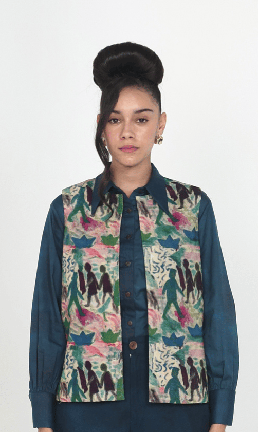 Multicolor Printed Sleeveless Corduroy Vest Overlay — ART LOV AFFAIR