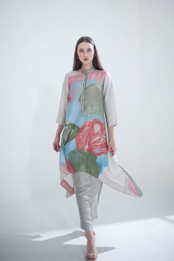 Grey & Red Long Kaftan Tail Set — CLOS