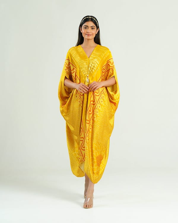 Yellow/Gold Bandhej Print Zari Sheen Kaftan — Mayura Kumar