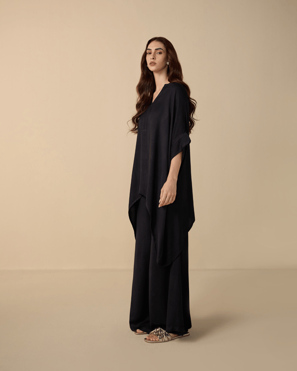 Black Kaftan Top and Wide-Leg Pants Co-ord Set — AUR