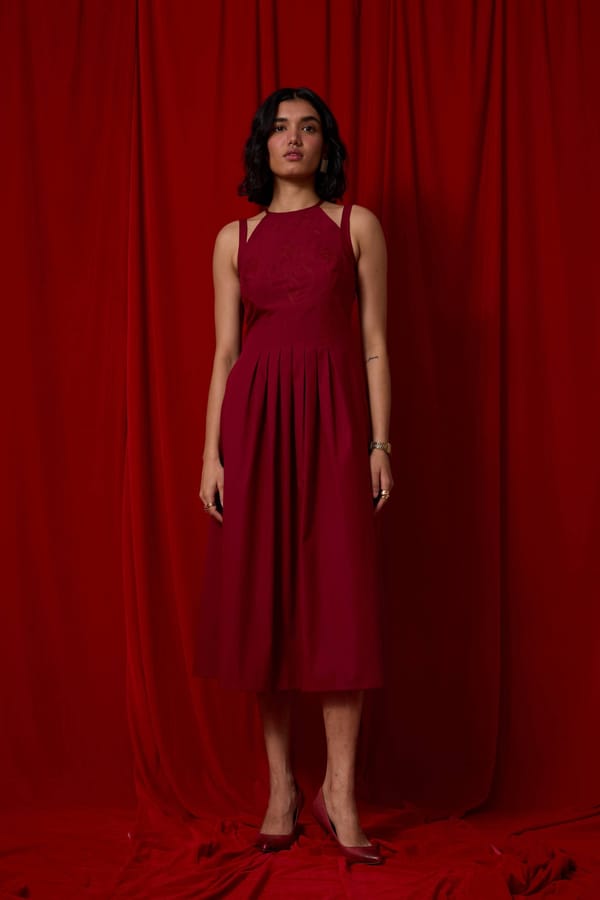 Red Halter Neck Embroidered Yoke Midi Dress — The Summer House