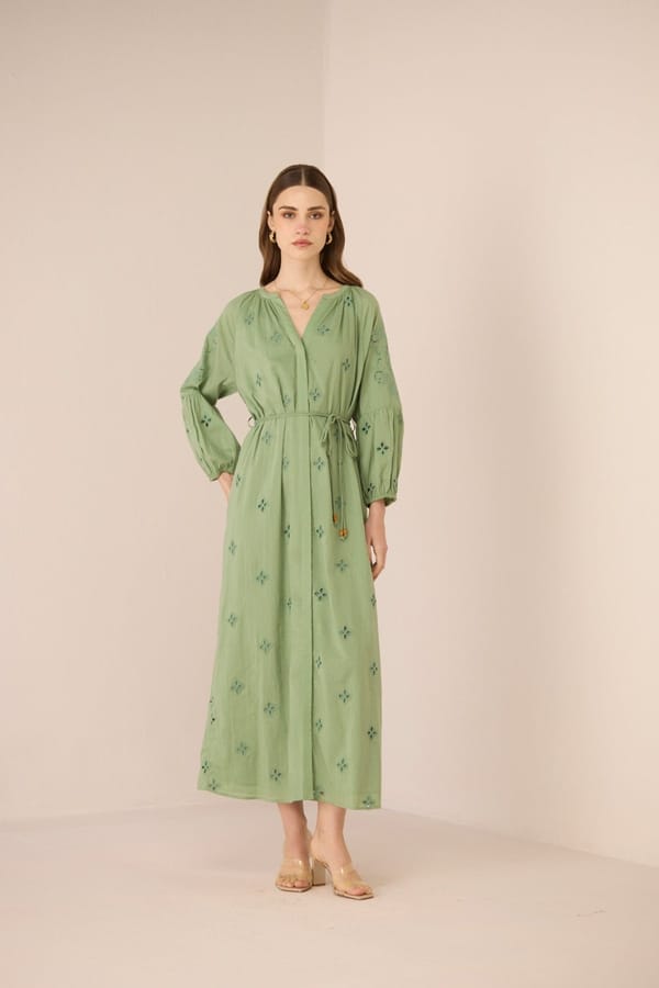 Epsom Green Broderie Cotton Maxi Shirt Dress — Calling June