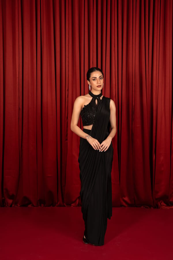 Black Crepe Drape Saree Set with Embellished High-Neck Blouse — QUNIC