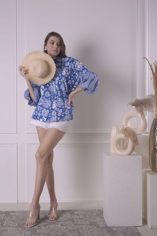 Blue Floral and Stripe Mix Balloon Sleeve Shirt — SURABHI ARYA