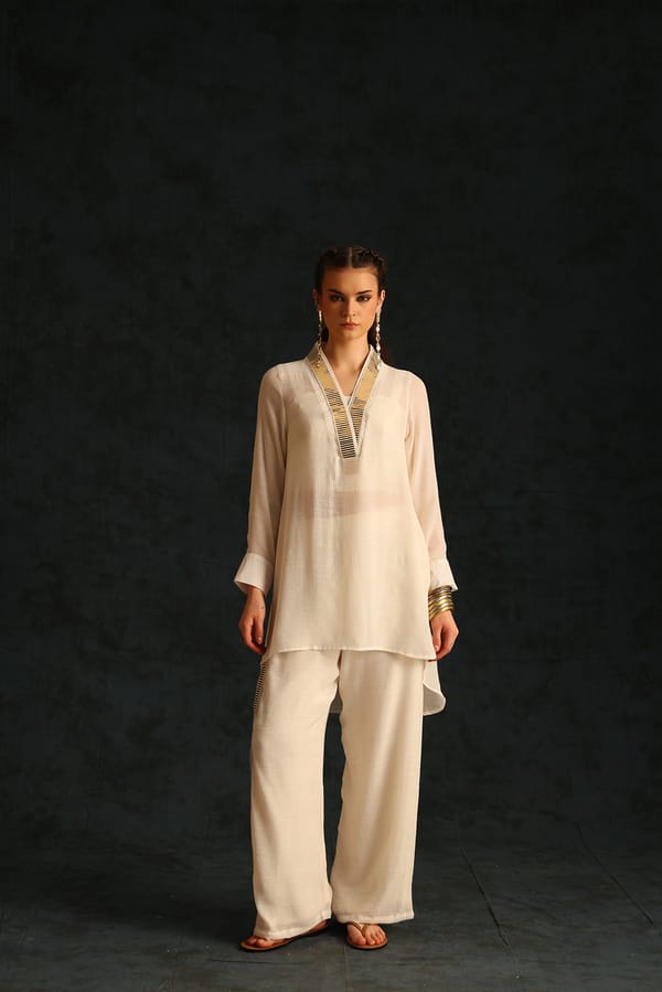 Off-White Foil-Lace Tunic and Palazzo Co-ord Set — EnEch