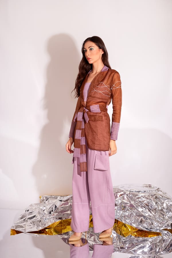 Brown and Violet Organza Jacket Co-ord Set with Belt — An'era by Asmita Verma