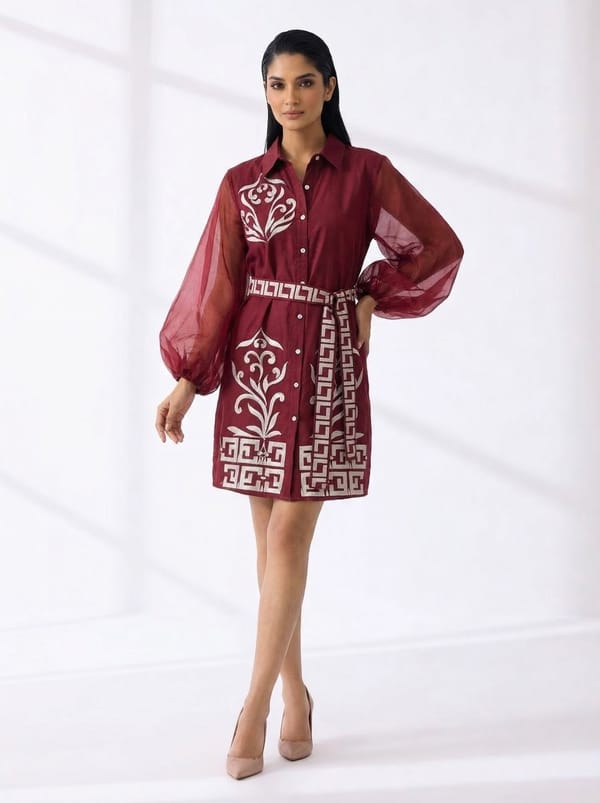 Wine-Red Mini Shirt Dress with Sheer Sleeves and Tie Belt — RUCHIKA MALLIKA LABEL