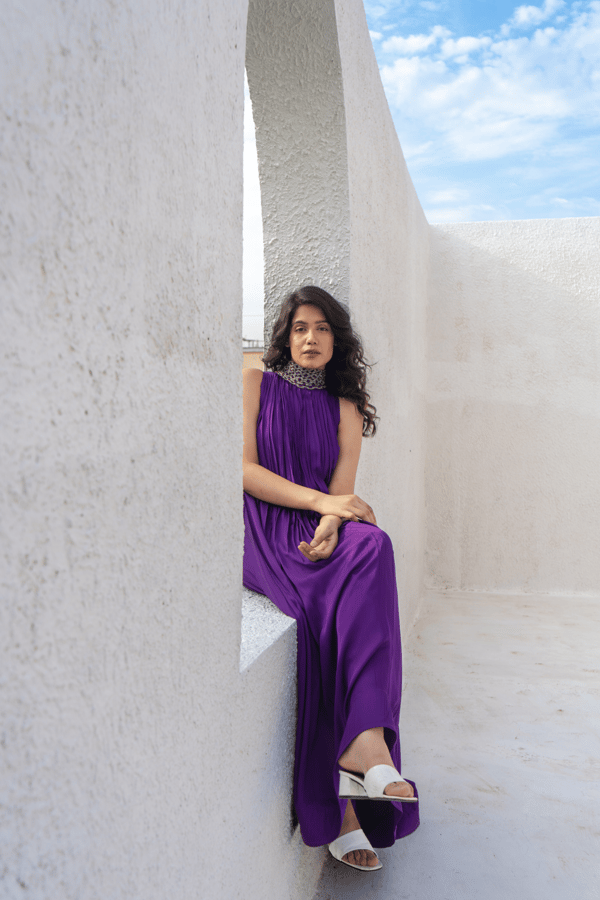 Purple and Sage Green Braided Halter-Neck Pleated Gown — Neora