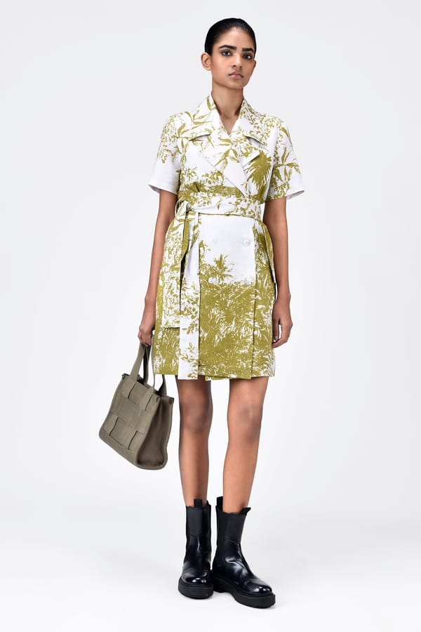 Bright Olive Landscape Print Belted Coat Dress — Genes Lecoanet Hemant