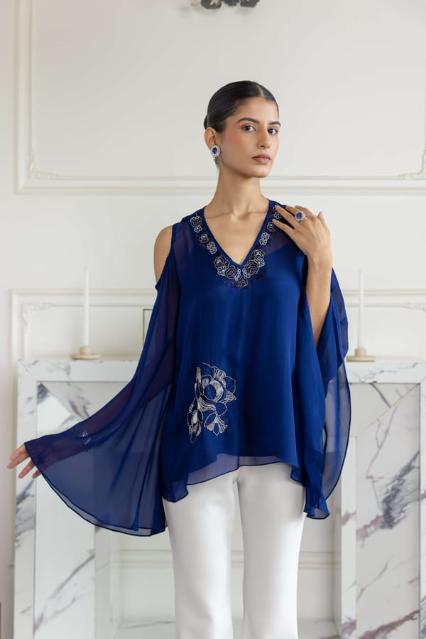 Seraphine Navy Blue Hand Embroidered Flat Chiffon Top — DAREISS