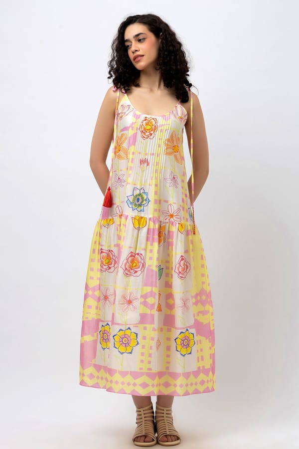 Pastel Floral Doodle Spaghetti Strap Maxi — Jungle Marigold