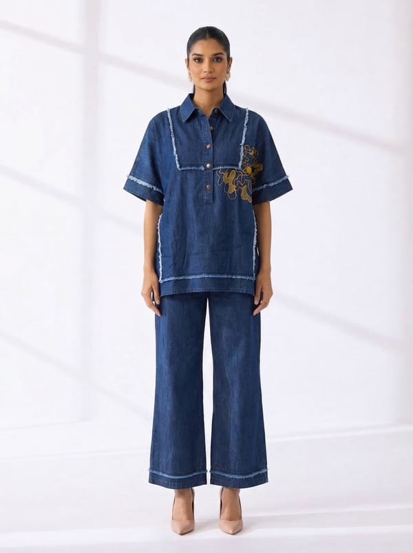Blue Denim Oversized Shirt and Wide-Leg Pants Co-ord Set — Spacelines