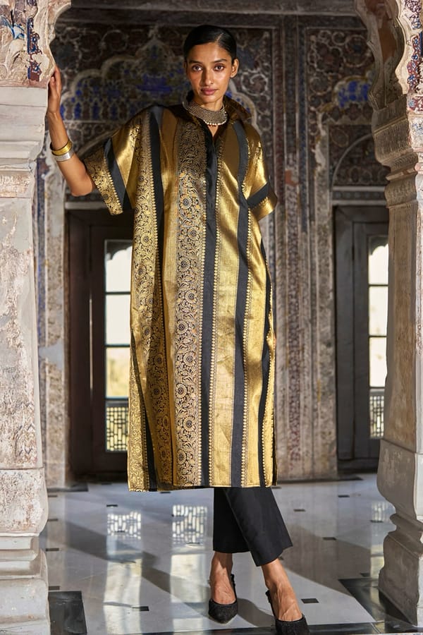 Black and Gold Brocade Longline Shirt and Pant Co-ord Set — Dash and Dot