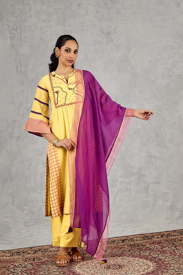 Olive Yellow Long Abstract Yoke Kurta Set — SHIVANI BHARGAVA